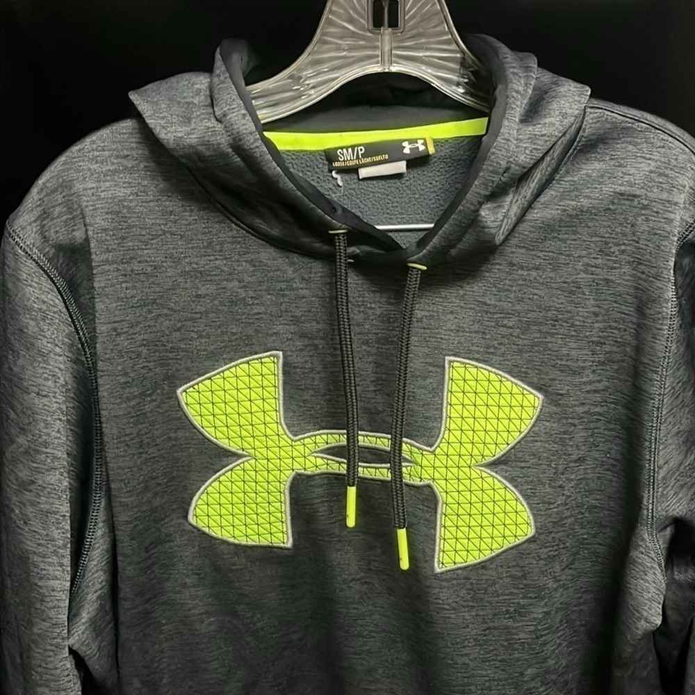 Under Armour- dark gray and black heathered hoodie with neon UA logo - Picture 2 of 4